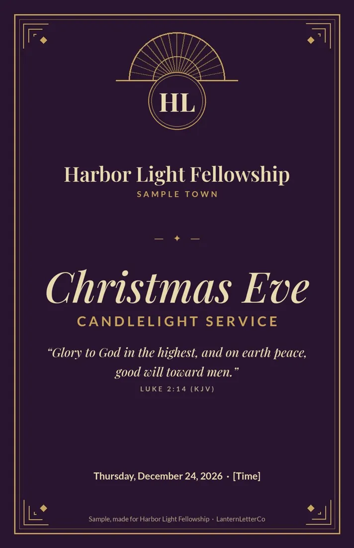 Dark elegant Christmas Eve cover with gold fan, sample made for a fictional church